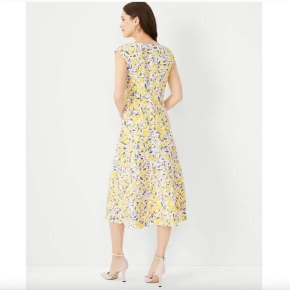 Ann Taylor Yellow Lemon Print Maxi Dress with Blue Leaves - Picture 4 of 14